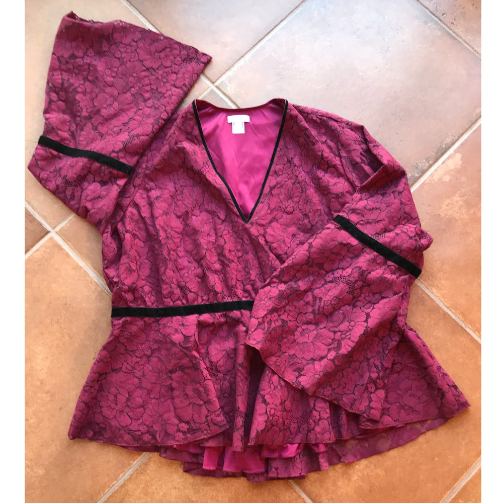 Venus Burgundy V-Neck Lace Top with Velvet Trim and Bell Sleeves Plus Size 24